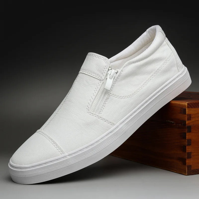 Herenslip-on Sneakers van PU Leer | Casual Loafers met Rits | Platte Comfortabele Herenschoenen