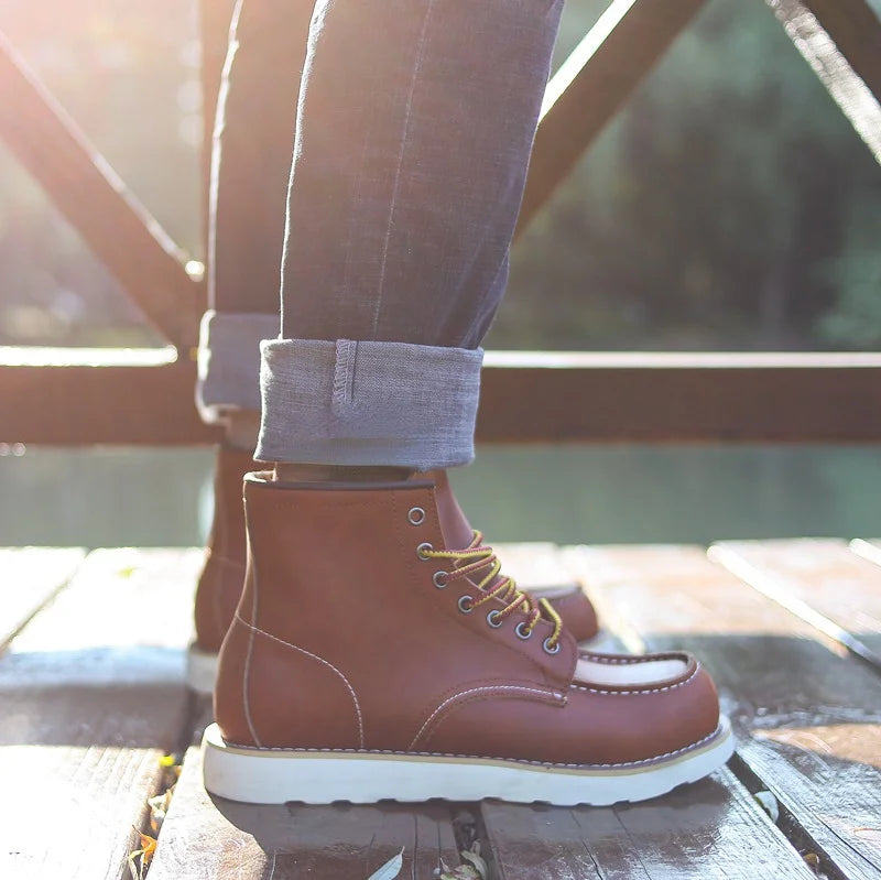 Amerikaanse Leren Enkelboots voor Mannen | Casual Veterschoenen van Crazy Horse Leer | Vintage Werklaarzen