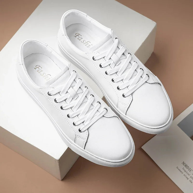 Leren Herensneakers | Casual Platte Schoenen | Zwart-Wit Skateboard Sneakers